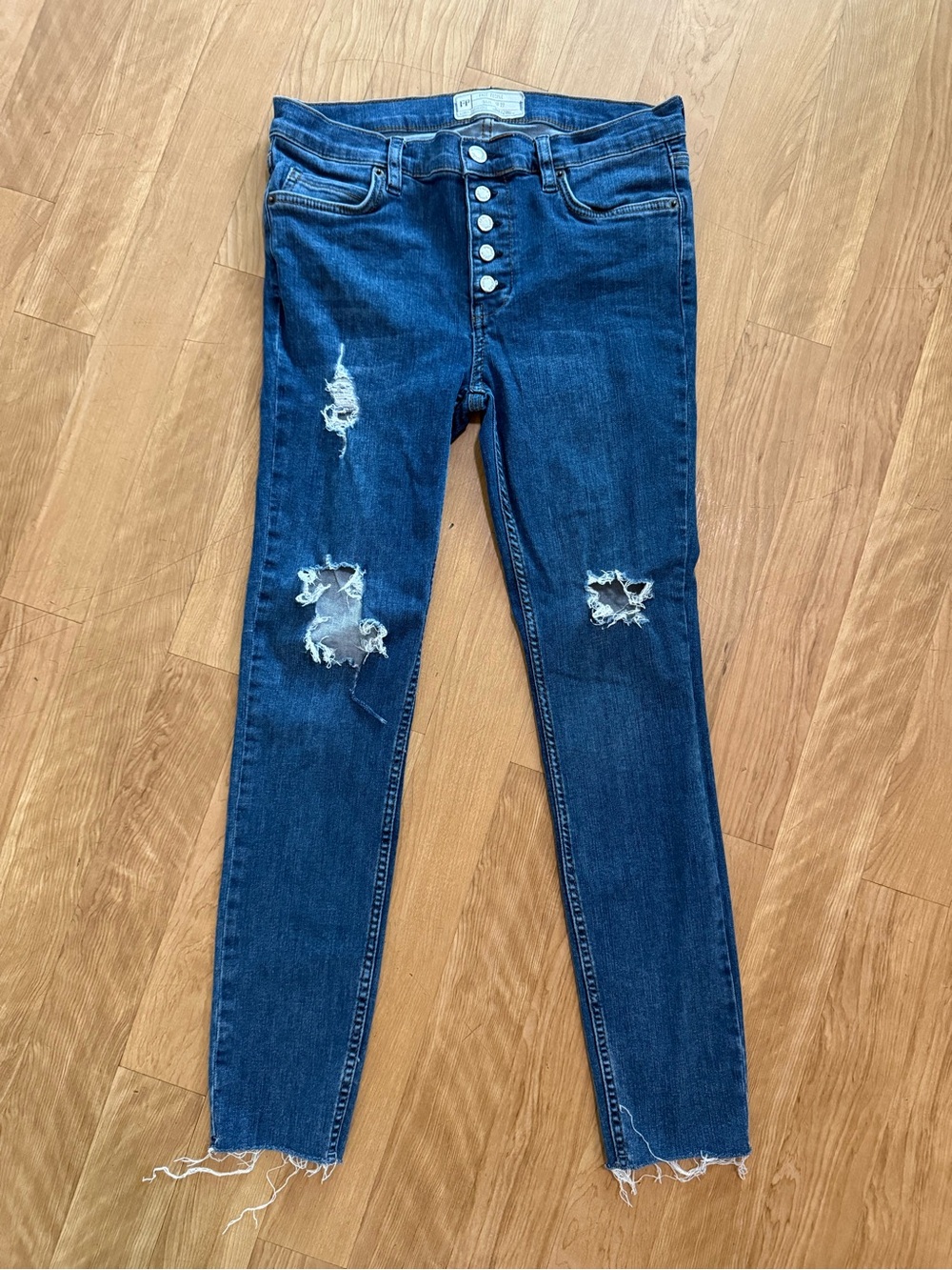 Free People Dark Blue Distressed Skinny Jeans with Button Fly